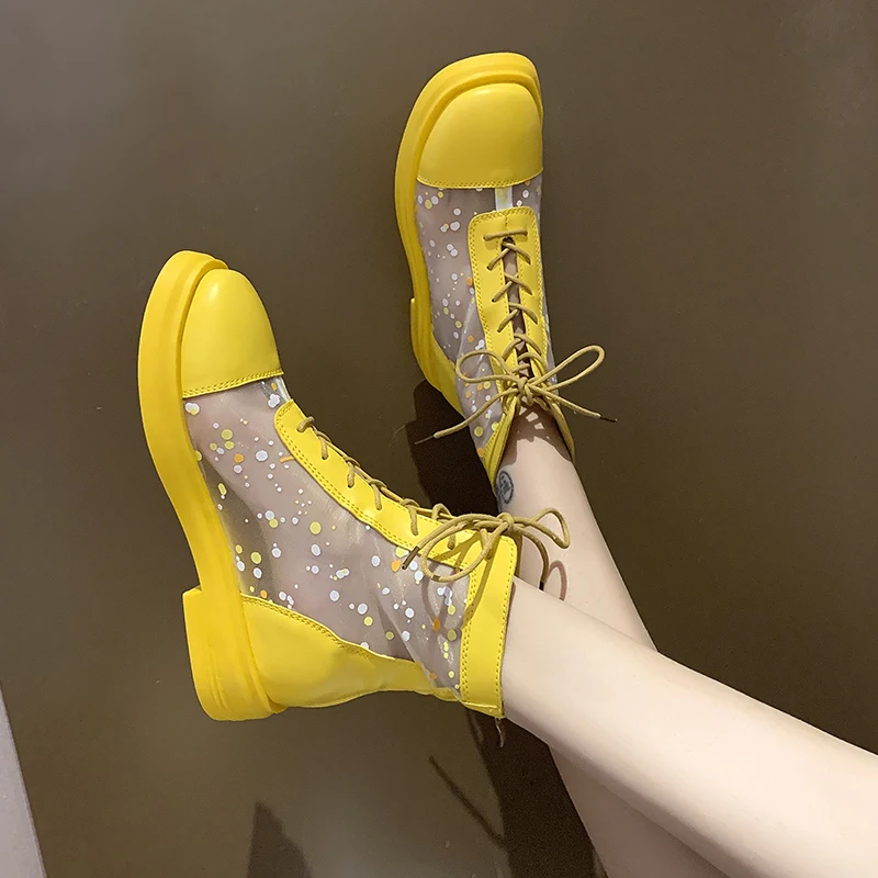 

Mesh openwork boots for women 2020 spring and summer new yellow flat bottom Martin boots thin short boots thick heel sandals
