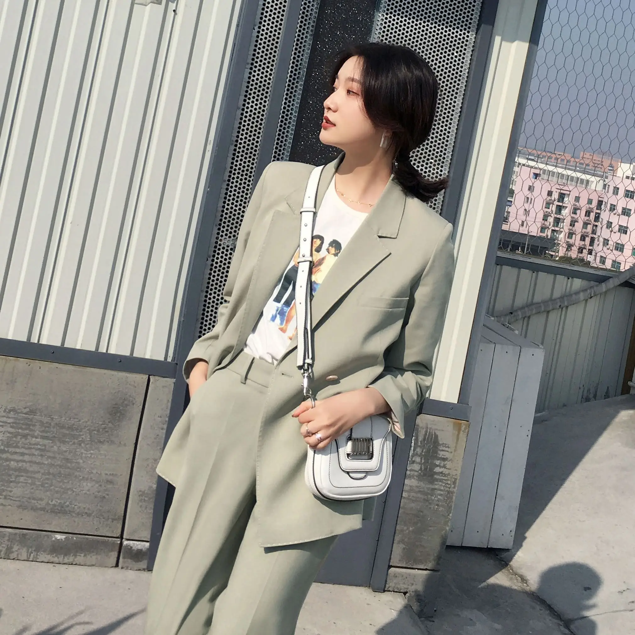 

Elegant light green casual pants double breasted suit women's ol professional suit coat two piece work suit