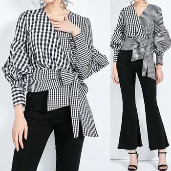 

2020 Spring Fashion Check Patchwork Blouse ZANZEA Casual Plaid Shirts Women Long Sleeve Tunic Tops Elegant Bow Tie Work Blusas