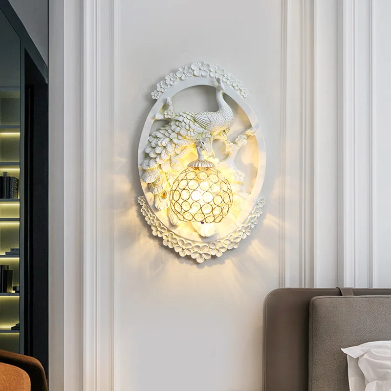 

Asian Vintage Luxury Vanity Light Wall Lamp Peacock Crystal Wall Light Bedroom Bedside Resin Wall Sconce Lamp Light Fixtures