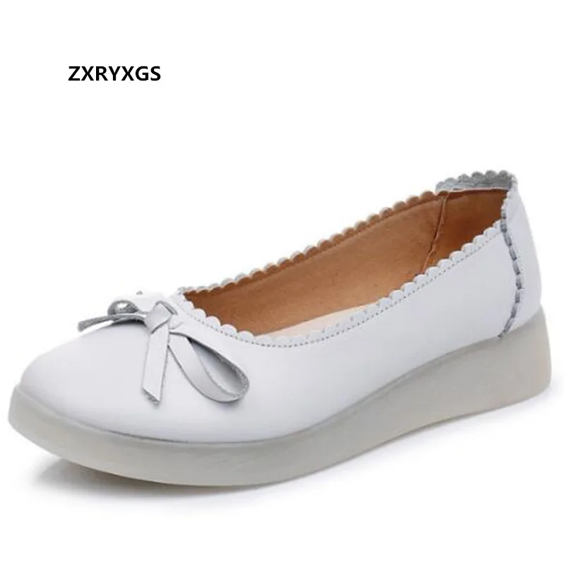 

2021 New Top Cowhide Sweet Bow White Nurse Shoes Flat Soft Sole Comfortable Black Leisure Work Shoes Woman Non-slip Wear Flats