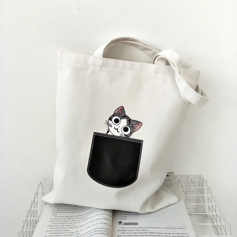 

Canvas Tote For Women Cloth Cartoon White Cross Body Shoulder Bag New Cute Cat Dog Shopping Bags Female Party Handbag B227