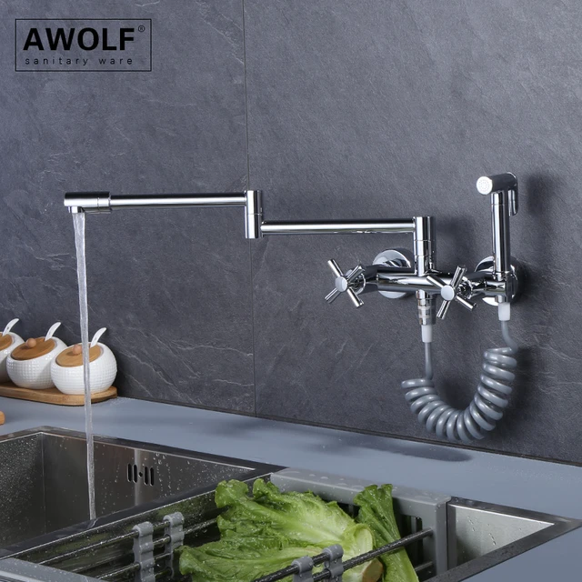 Robinet d'évier de cuisine chromé, robinet de remplissage de Pot pliable,  noir mat, double poignée, bec rotatif mural, eau chaude et froide FW007 -  AliExpress