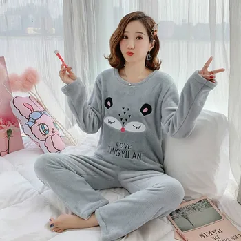 

Autumn Winter Women Pyjamas Sets pajamas Sleepwear Suit Thick Warm Coral Flannel nightgown Female Cartoon Animal Pijama Mujer