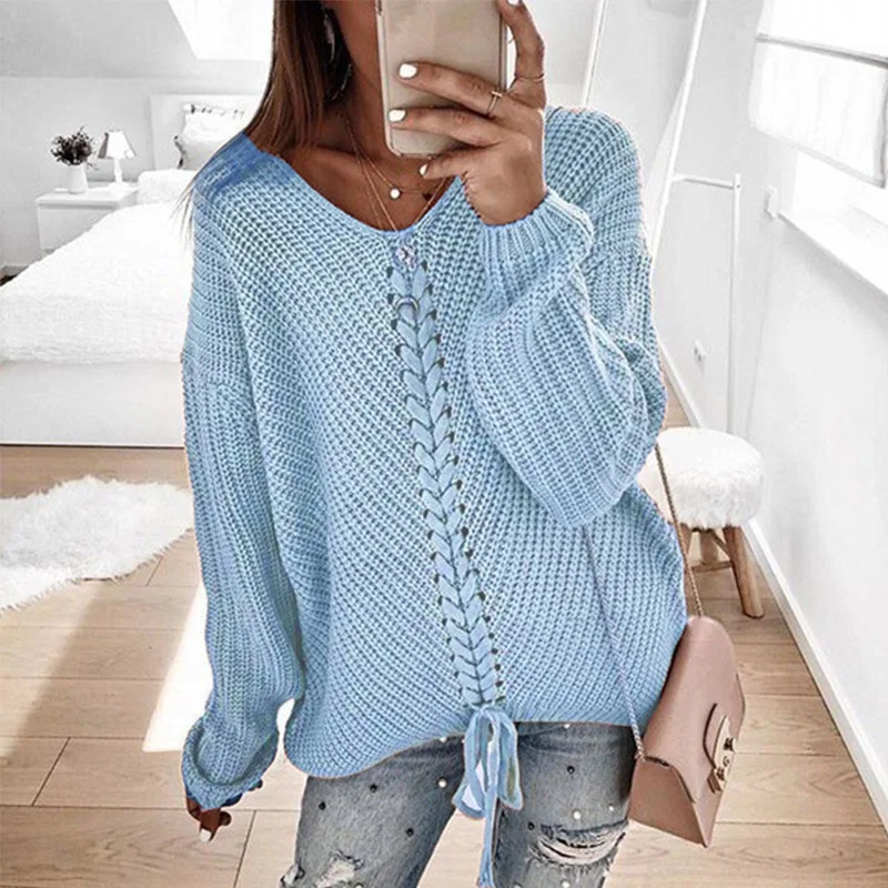 Sexy V-neck Lace-up Knitted Sweater Long Sleeve Solid Women Pullover Autumn Winter Casual Sweaters Jumper Plus Size Sexy V-neck Lace-up Knitted Sweater Long Sleeve Solid Women Pullover Autumn Winter Casual Sweaters Jumper Plus Size