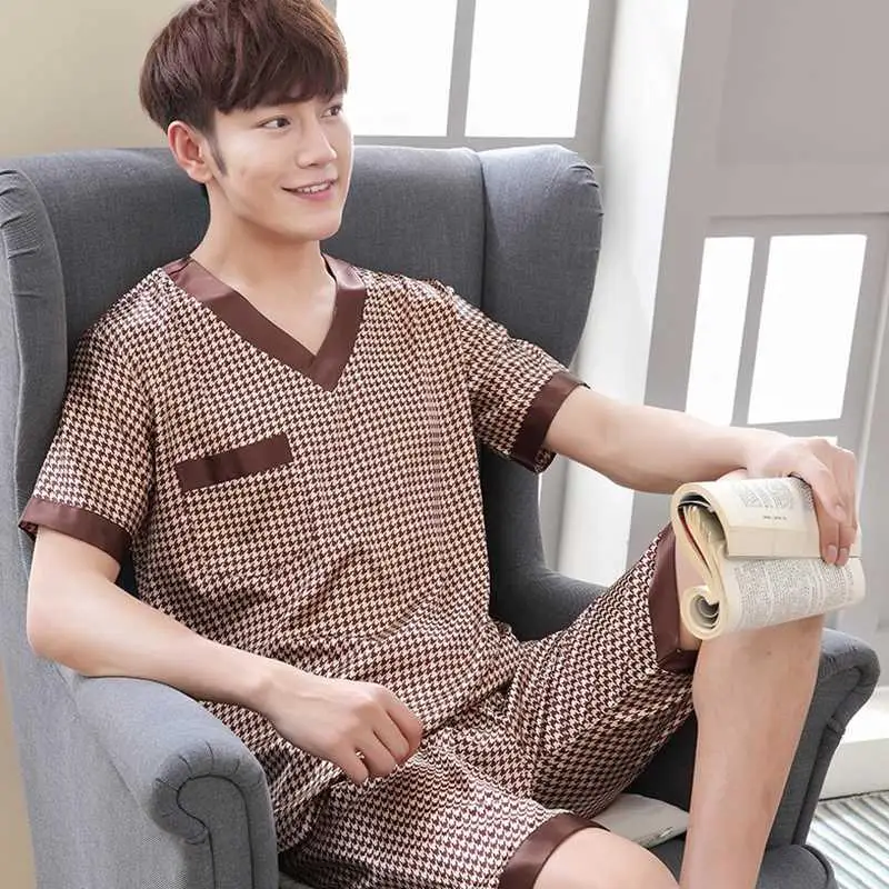 Autumn Summer Silk Men's Pyjamas Short Sleeve Pajamas Set 2pcs Casual Male Sleepwear Pyjama Night Pijamas Homewear Home Clothes