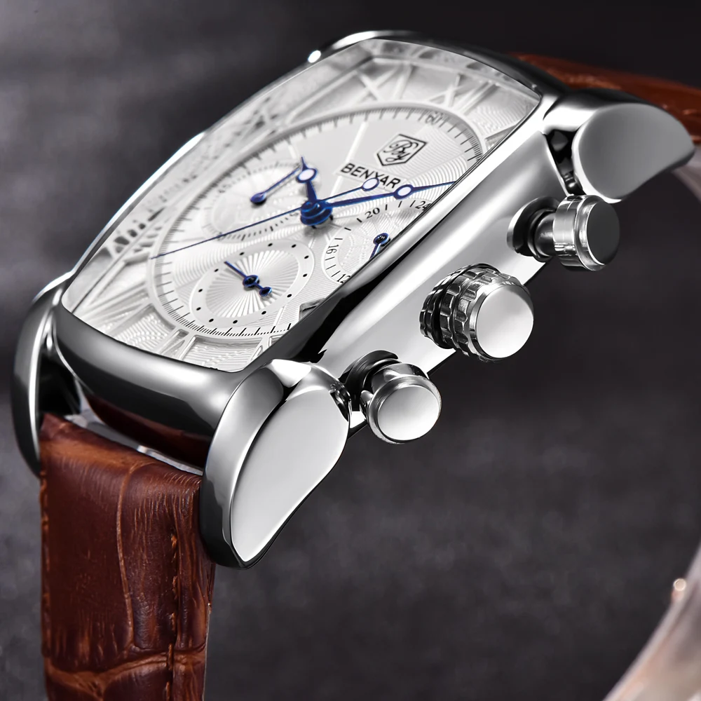

BENYAR Fashion Sport Chronograph Men Watches Waterproof Leather Luxury Classic Rectangle Case Quartz Watch Relogio Masculino+Box