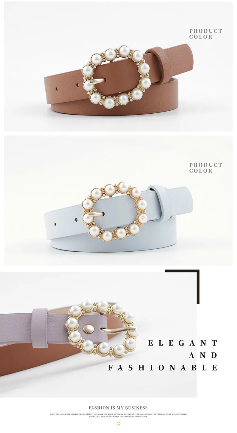 Fashion Pearl Decorative Belt Ladies Belt Round Pin Buckle Pearl Belts Women's Casual Solid PU Leather Thin Belt