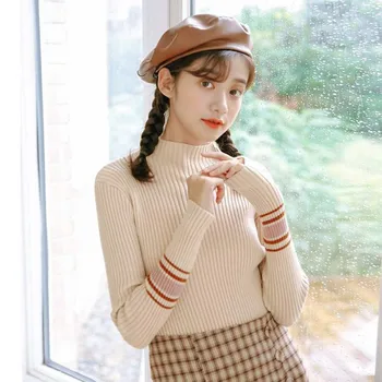 

Elegant Women Sweater Autumn New Simple Stripes Print Sweater Slim Long Sleeved Half High Collar Slim Bottom Knit Sweater.w