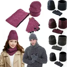 New Neck Warmer Touch Screen Gloves Women and Men Hat Scarf Gloves Set Fleece Scarf Winter Warm Beanie Cap