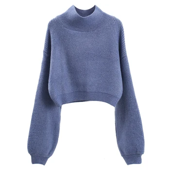 

Turtleneck Women Sweater And Pullovers 2020 Winter New Lantern Sleeved Solid Short Loose Slim Lady Elegant Pulls Outwear Tops