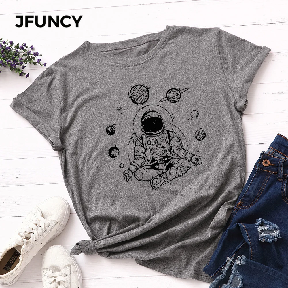 

JFUNCY Summer Man Women T-shirt Creative Space Astronaut Print Tops 100% Cotton Unisex Tshirt Plus Size Loose Boy Girl Tees