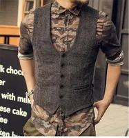2022 Brown Men's Casual Herringbone Pattern Suit Vest Wool/Tweed Suit Vest U-neck Waistcoat Groomsmen For Wedding 1