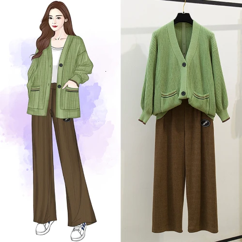 

Knitted Single Breasted Cardigan Female Autumn Winter Loose Sweaters Tops+Elastic High Waist Wide Leg Women Slim Knit Pants Sets