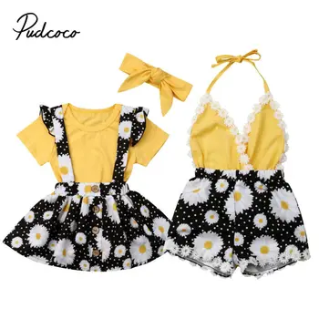 

Kids Baby Girls clothes Two Style Sunflower Bodysuit Tops Flower print Overalls 3pcs cotton casual Toddler newborn Outfits