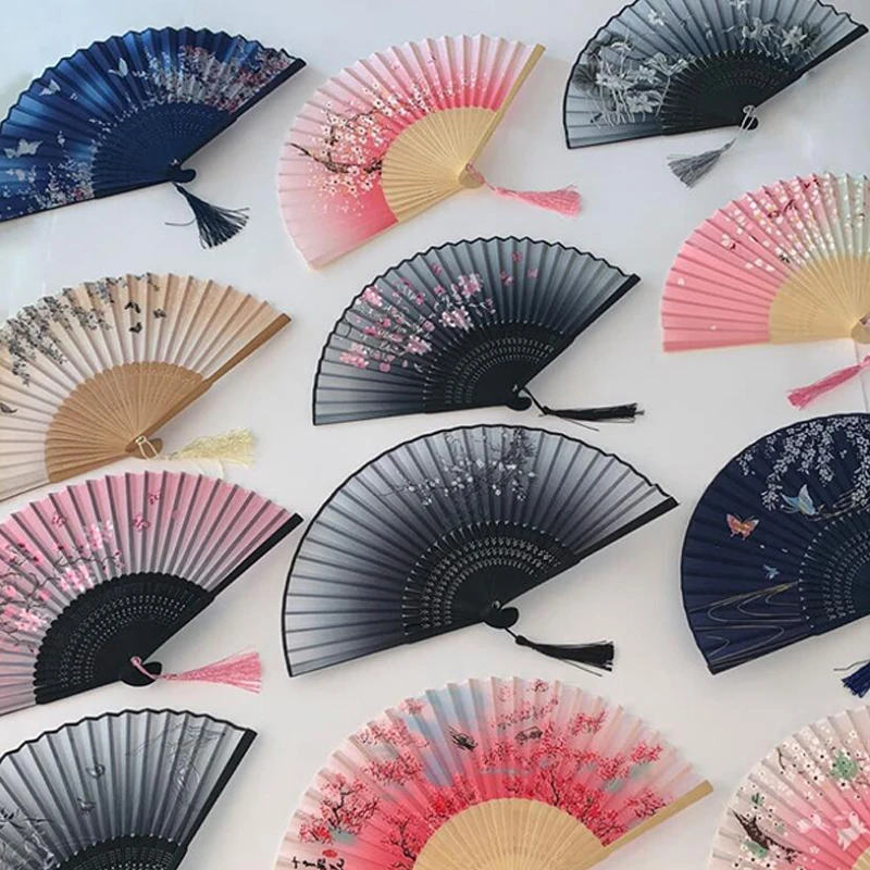 Japanese Chinese Hand Fan Folding Silk Bamboo Retro Printing Wedding Party Gift