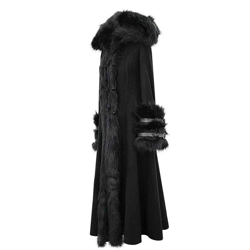 Devil Модный женский готический черный Тренч с капюшоном пальто со съемными пушистыми аксессуарами CT12601