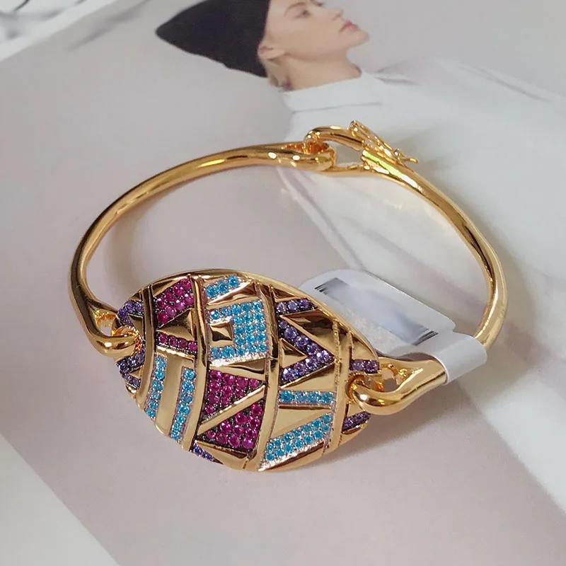 UMGODLY Luxury Brand Fashion Bracelet Multicolor Stones Tribal Bangle with Oval Plate Geometric Shapes Women Mana Jewelry | Украшения и