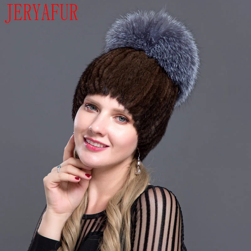 JINBAOSEN русская Лыжная хижина nerz pelzmutze nerz fuchs kombiniert mit pelz mode hut gestrickte wolle набор зимний damen FUCHS