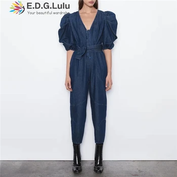 

EDGLuLu high quality runway designers 2019 long sleeve jean jumpsuit blue elegant bf streetwear women denim jumpsuit