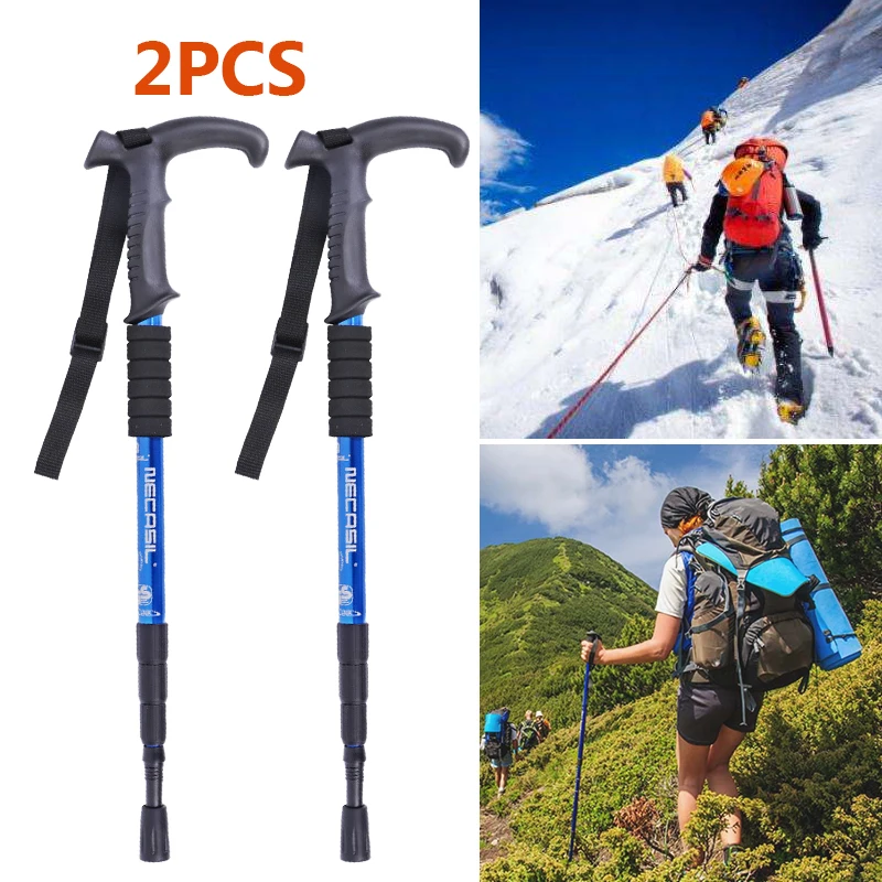 

2pcs Trekking poles hike walking stick nordic walking cane Curved T handle 4-section ski camp telescopic baton outdoor hiking