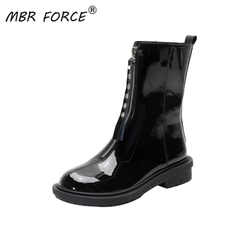 

MBR FORCE 2020 boots new fashion round toe short boots wild casual ladies front zipper black patent leather waterproof non-slip
