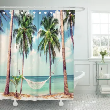 

Beautiful Beach Hammock Between Two Palm Trees Holiday Shower Curtain Waterproof Polyester Fabric 60 x 72 Inches Set with Hooks