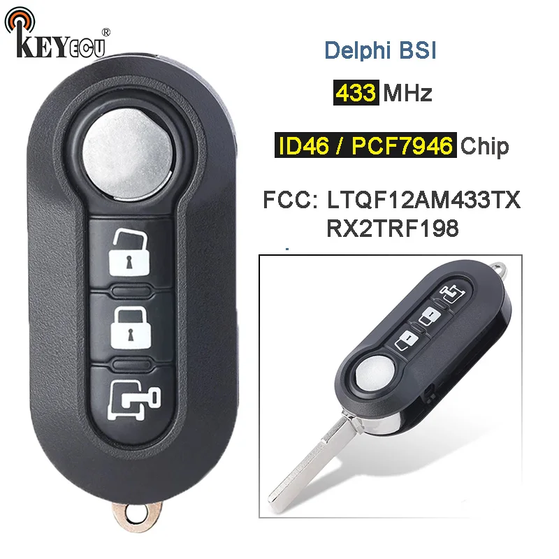 Keyecu 433Mhz Pcf7946A Id46 Delphi Bsi Muslimah/Muslimah Flip Remote Key Fob 3 Pulsanti Per Fiat 500L, Ram Promaster