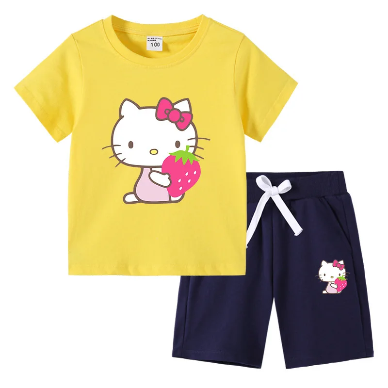 thumbnail image 1 of Camiseta con estampado de dibujos animados de verano de Hello Kitty + Pantalones casuales traje de dos piezas de manga corta de algodón para niños y niñas pueden usar, 1 of 5
