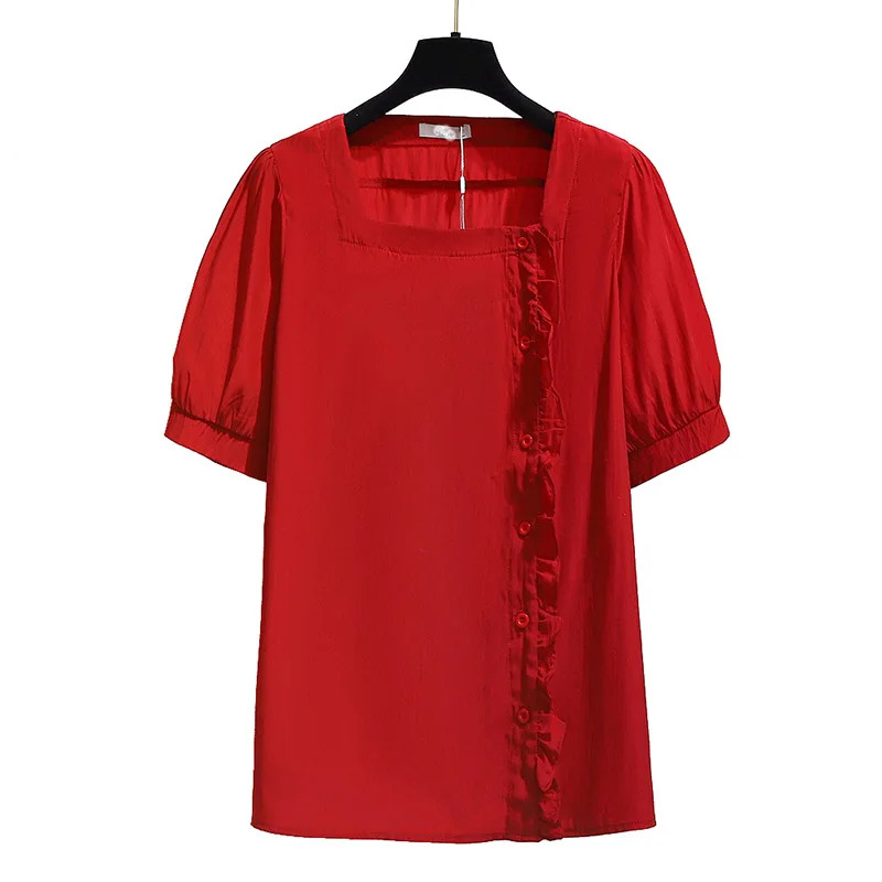 

Women's Tops and Blouses Square Collar Short Sleeve Ruffles Decoration 2020 Summer Casual Red Black Plus Size Blouses for Women