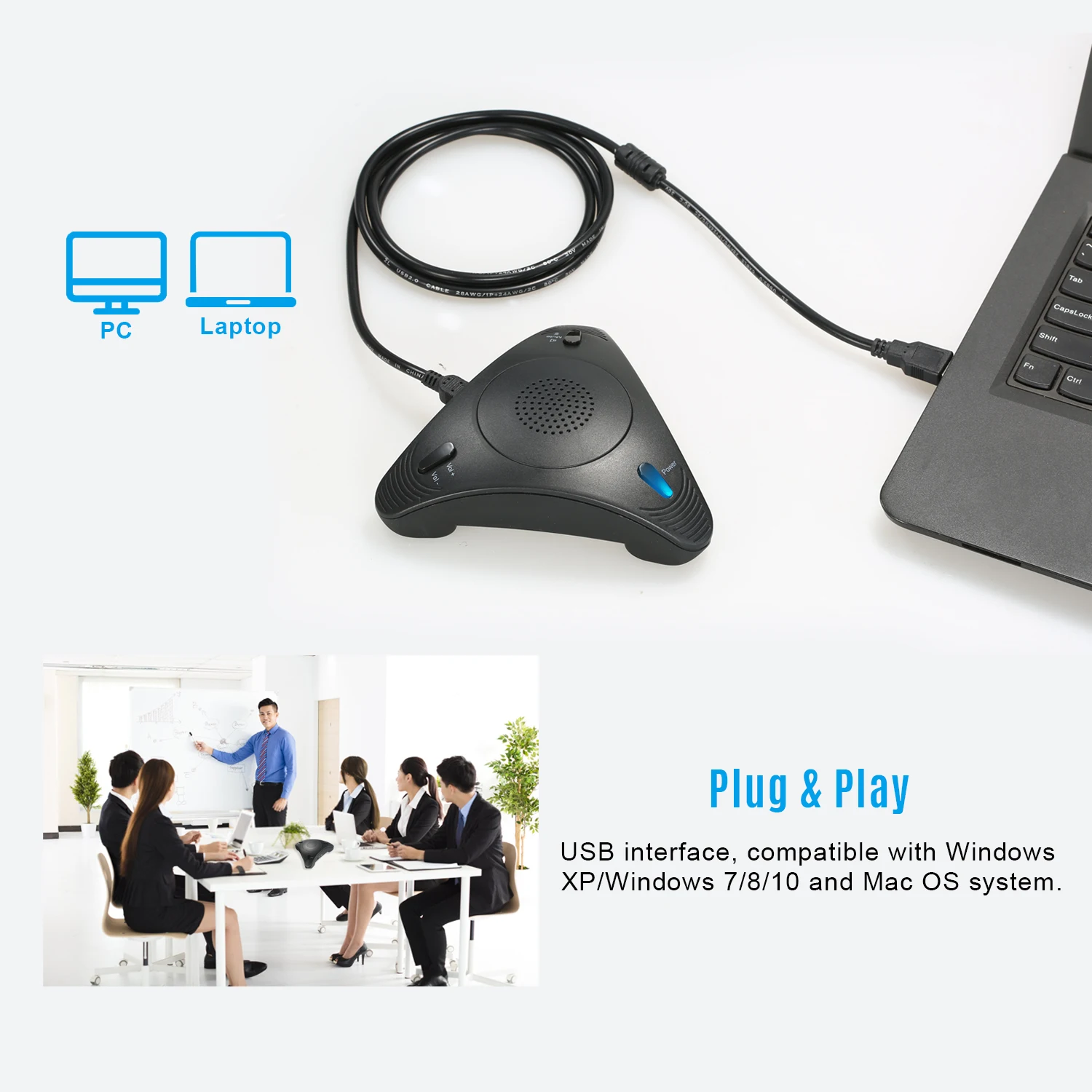 Conferência usb omnidirecional desktop microfone com fio embutido alto-falante microfone do computador voip suporte controle de volume mudo-2
