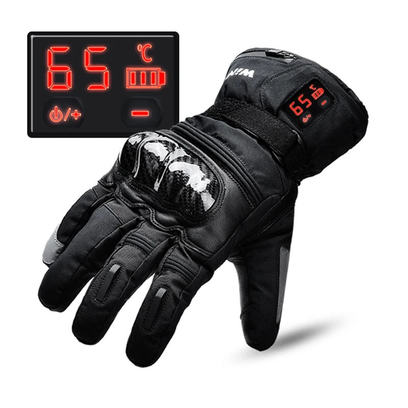 Зимние перчатки с электрическим подогревом с защитным чехлом из углеродного волокна, кожаные водонепроницаемые термальные перчатки для езды на мотоцикле и лыжах