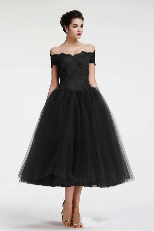 Little Black Tea Length Mother of the Bride Dresses Off Shoulder Zipper Back Maid of Honor Dress Party Gowns