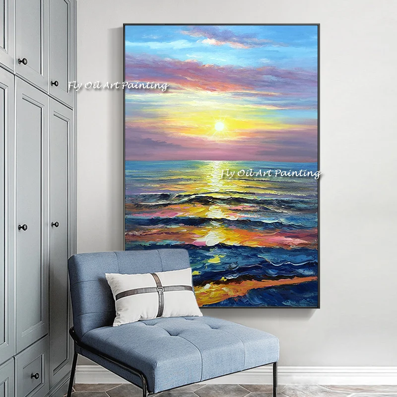 

100% Hand Painted Abstract Modern Canvas Sunset Oil Painting Fashion Golden Poster For Living Room Asile Bedroom Wall Art