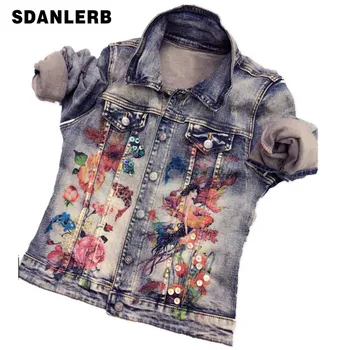 

Plus Size 3XL Denim Jacket Women Spring Autumn Sequined Printed Slim Ladies Printed Jeans Coat
