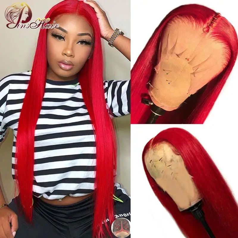 13X1 de color rojo peluca con malla frontal recto peluca con malla frontal s del 150% de pelo humano Pre arrancado con el pelo del bebé Pinshair pelo Remy brasileño