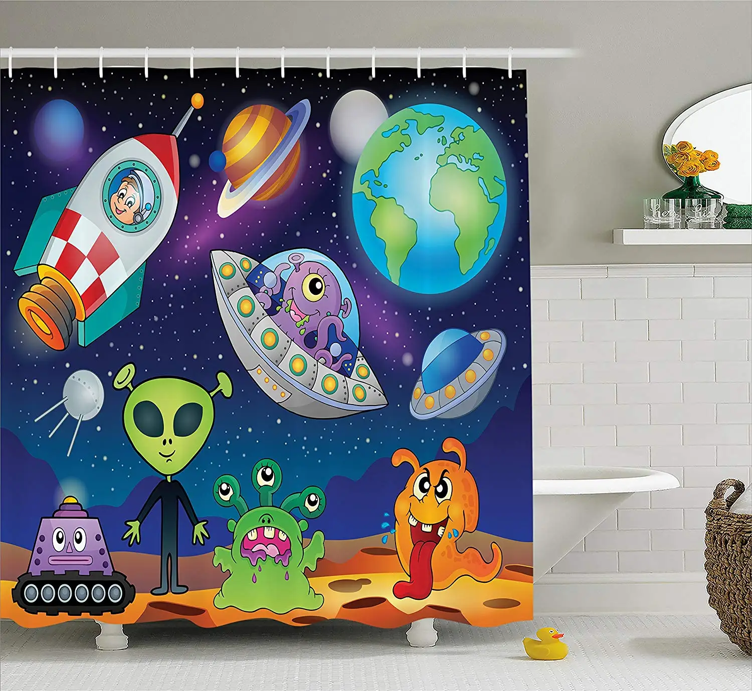 Outer Space Decor Shower Curtain by Ambesonne Planet Fantasy on Interstellar Terrain with Astronaut Cosmonaut and Aliens Fabric | Дом и сад