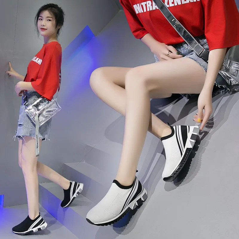 

2019 Spring New Women Shoes Flat Casual Slip-On Sneakers Breathable Stretch Mesh Socks Shoes White Sneakers