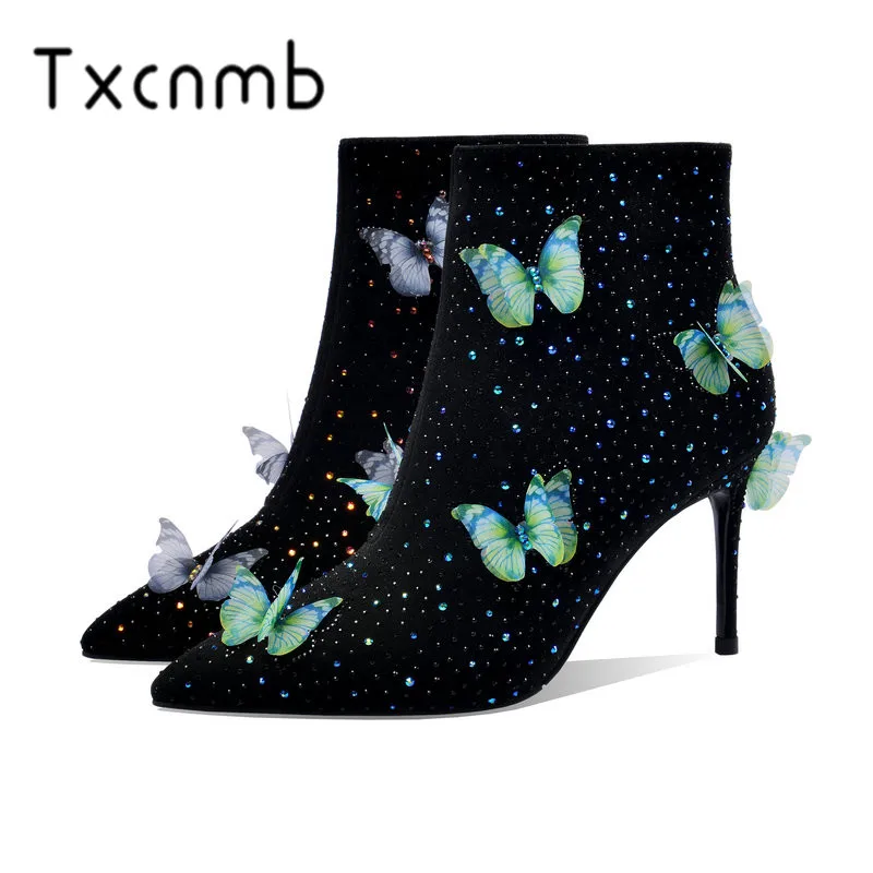 

TXCNMB Women Ankle Boots Fashion Zipper Thin High Heel Pointed Toe Winter Shoes Women Motorcycle Boots Big Size 34-40