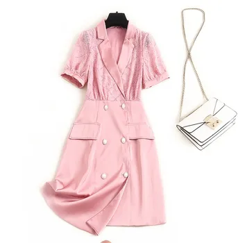 

Summer Dress Women High Quality Fashion Clothes Short Sleeve Notched Collar Hollow Embroidery Patchwork Office Lady Dress