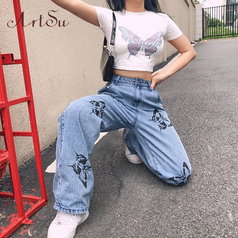 Artsu Butterfly Printed Demin Pants Straight Pants Women Casual Jeans Long Trousers Ladies Streetwear Jeans Female 2020 New Artsu Butterfly Printed Demin Pants Straight Pants Women Casual Jeans Long Trousers Ladies Streetwear Jeans Female 2020 New