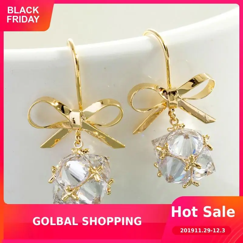

Luxury Earring for Women Fashion Crystal Ball Bow-knot Geometric Hanging Dangle Earrings 2019 New Gold Drop Earrings Jewelry