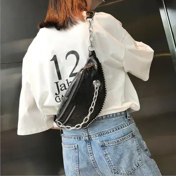 

Fashion PU Leather Waist Bag Women Chain Chest Handbag Unisex Travel Waist Bags Outdoor Sports Belly Pack Portable Phone Pouch