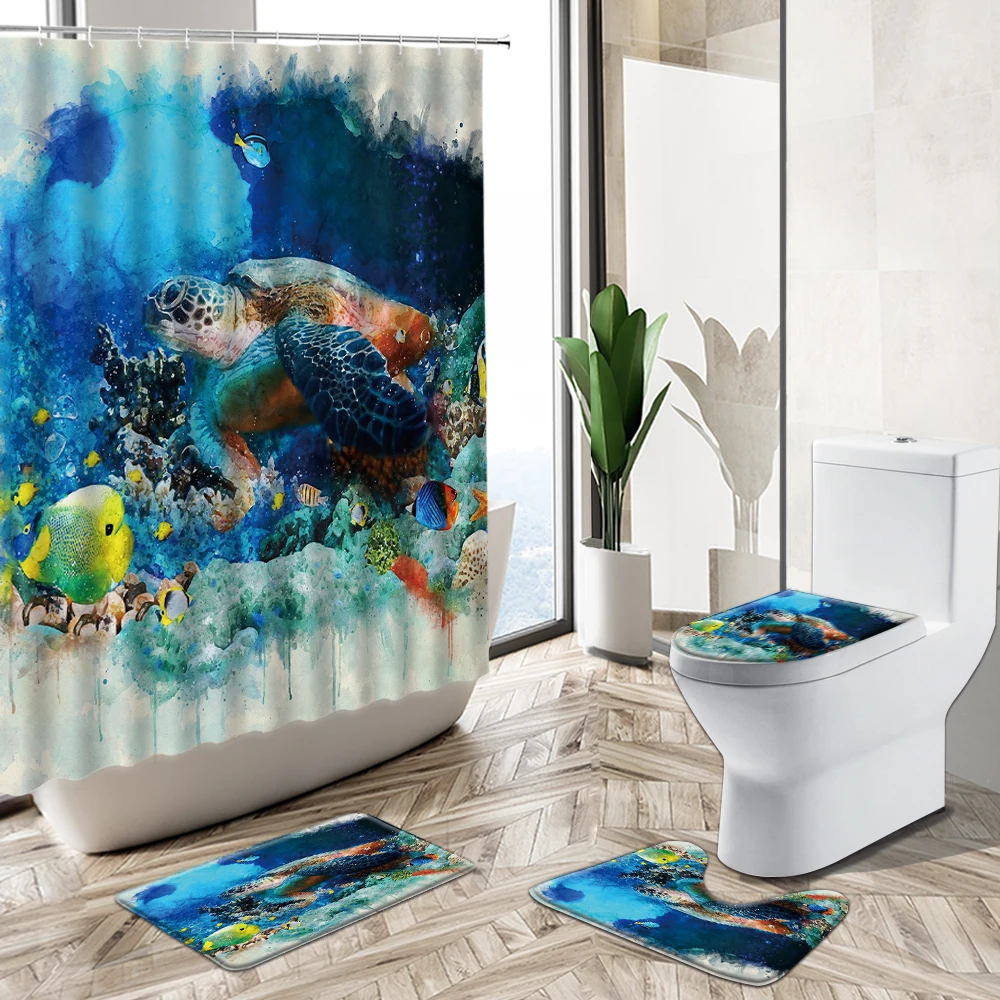 

Sea Turtle Shower Curtain Set Tropical Fish Animal Ocean World Theme Home Decor Bath Mat Toilet Cover Flannel Bathroom Carpet