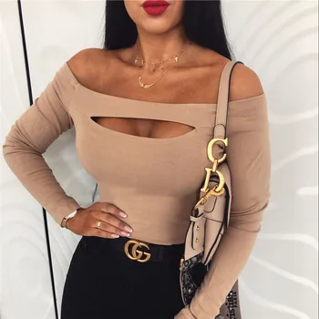 

Fashion Women Sexy T Shirt Femme Off Shoulder Long Sleeve Tee Shirt Elegant Bandage Stretch Party Club tshirt Streetwear