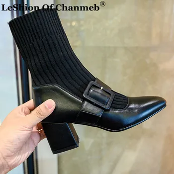 

Women Ankle Boots Big Buckle Shoes Real Leather Thick Mid Heel Short Boots Square Toe Stretch Knitting Sock Boots Nude 40 Ladies