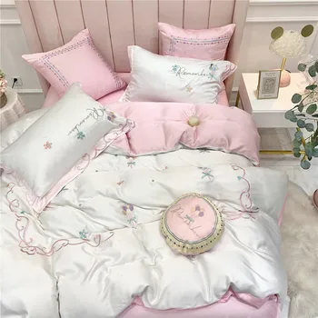 

Hipster 60 Double-Sided Tencel Balloon Embroidered Bedding Contrast Color Large Rims Silky Bare Sleeping Quilt Cover Four-piece