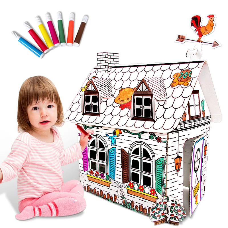 Casa Grande ensamblada en 3D, puzle de cartón, modelo de juguetes para niños, grafiti de aprendizaje, educativo, cohete para colorear, Castillo