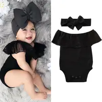 Pudcoco Newborn Baby Girl Clothes Off shoulder Romper Headband 2PCS Outfit Black Lace Romper Jumpsuit 1