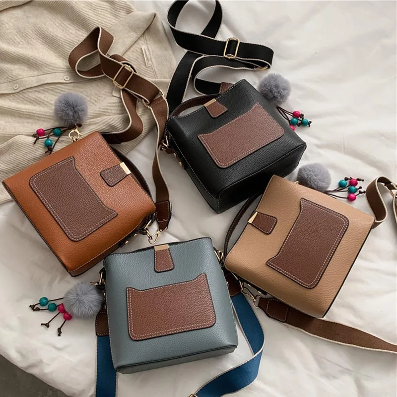 

Vintage PU Leather Bucket Bags For Women 2020 Small Patchwork Crossbody Bags Furball Female Shoulder Messenger Bag Handbags